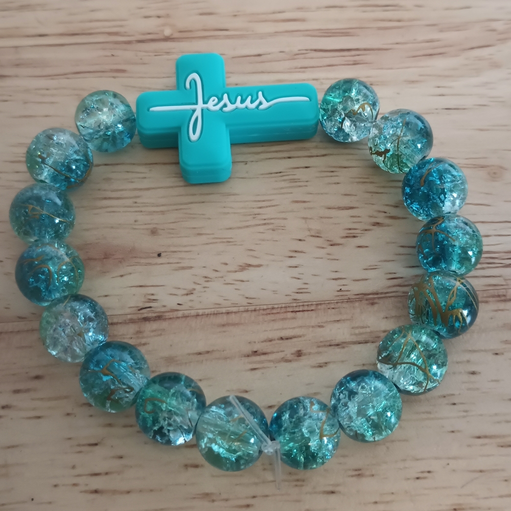 Beaded Bracelet with Cross Blue And Green